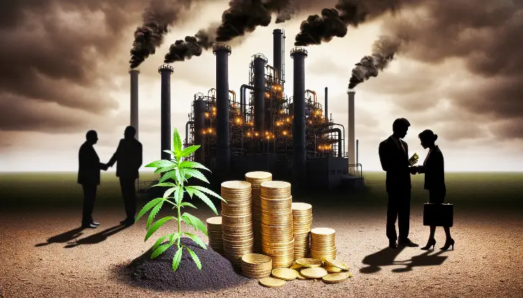 Stevia plant next to gold coins and a factory in the background