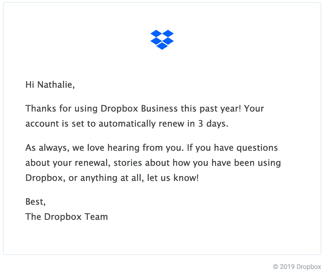 Renewal Reminder Example from Dropbox