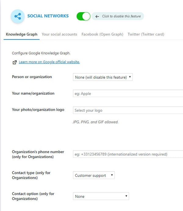 social networks settings seopress