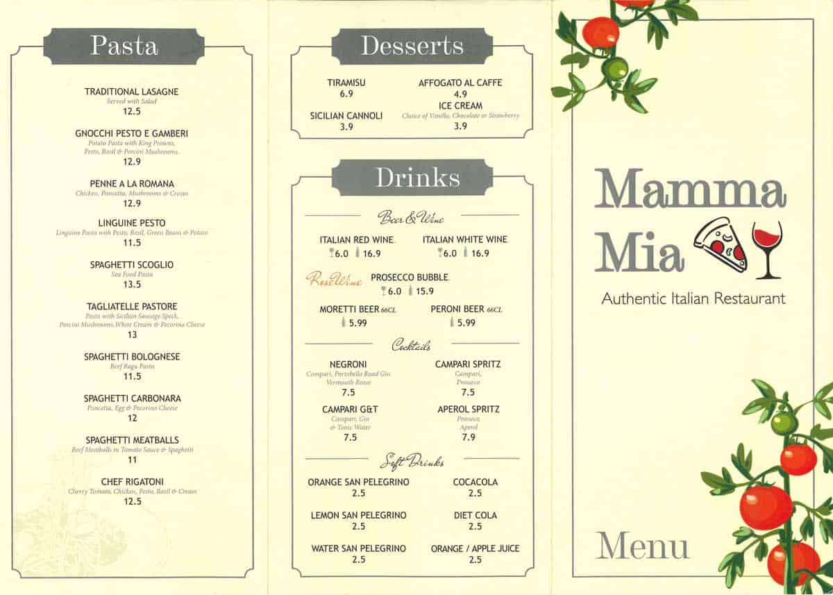 Pizza Mamma Mia Menu 2023 - Front Page
