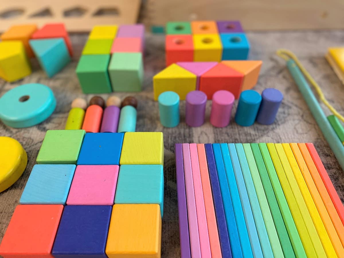 Close up of some of the different pieces in the Lovevery wooden block set