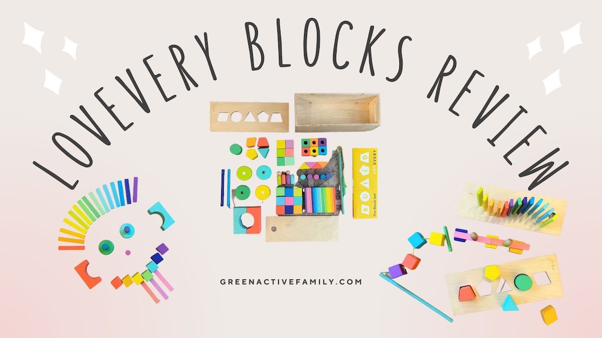 Cover image with the text "Lovevery Blocks Review" and different images of the Lovevery wooden blocks set used in different ways (to make a face, as a shape sorter, as a threading toy, etc)