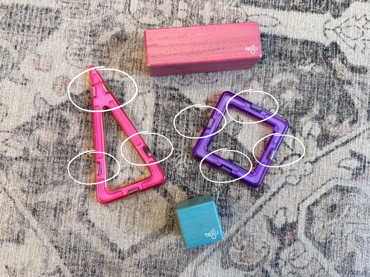 Two magformer blocks with visible external magnets circled in white vs two Tegu blocks with invisible and internal magnets