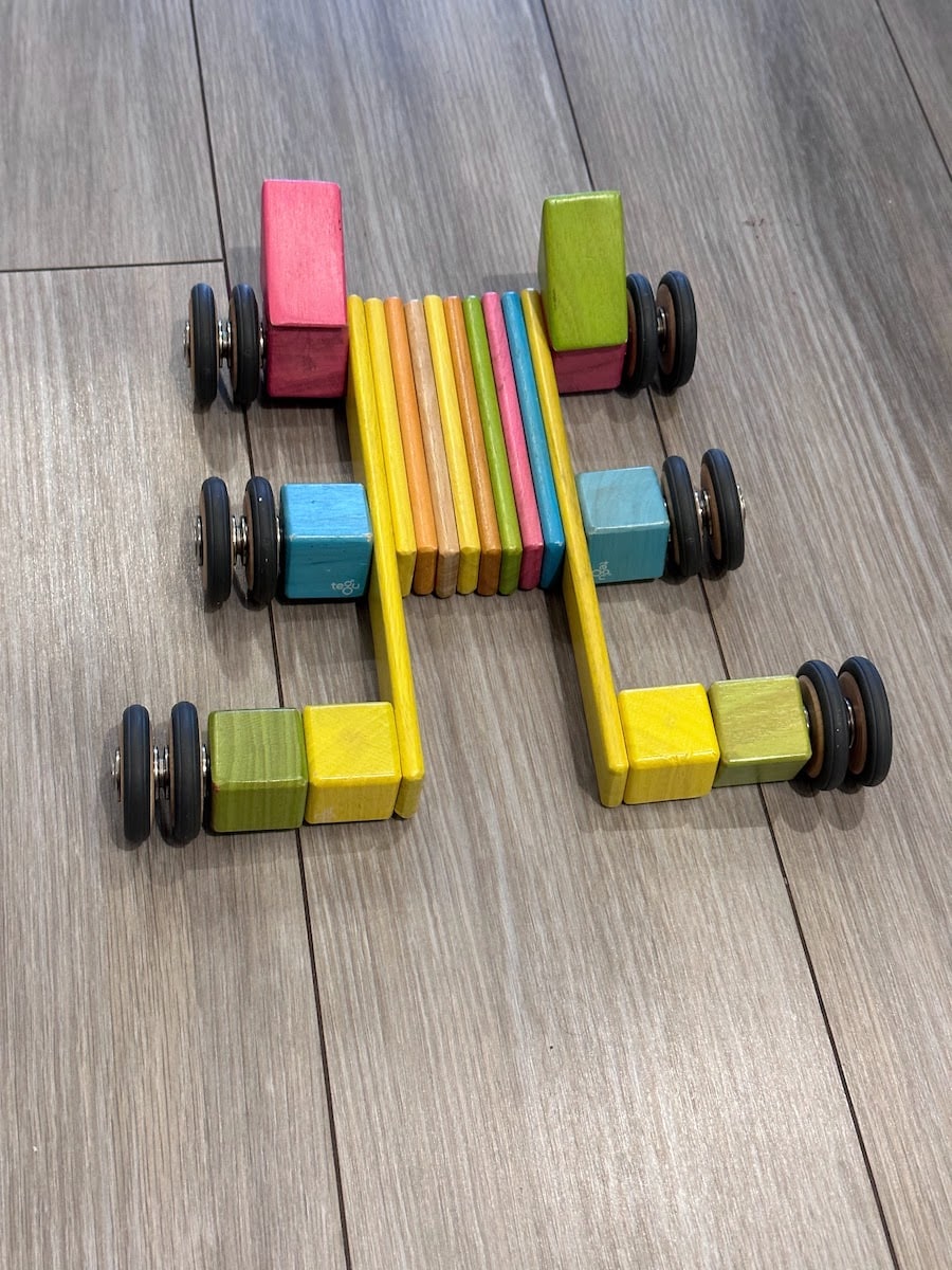 Race car made with a Tegu magnetic wooden building block set