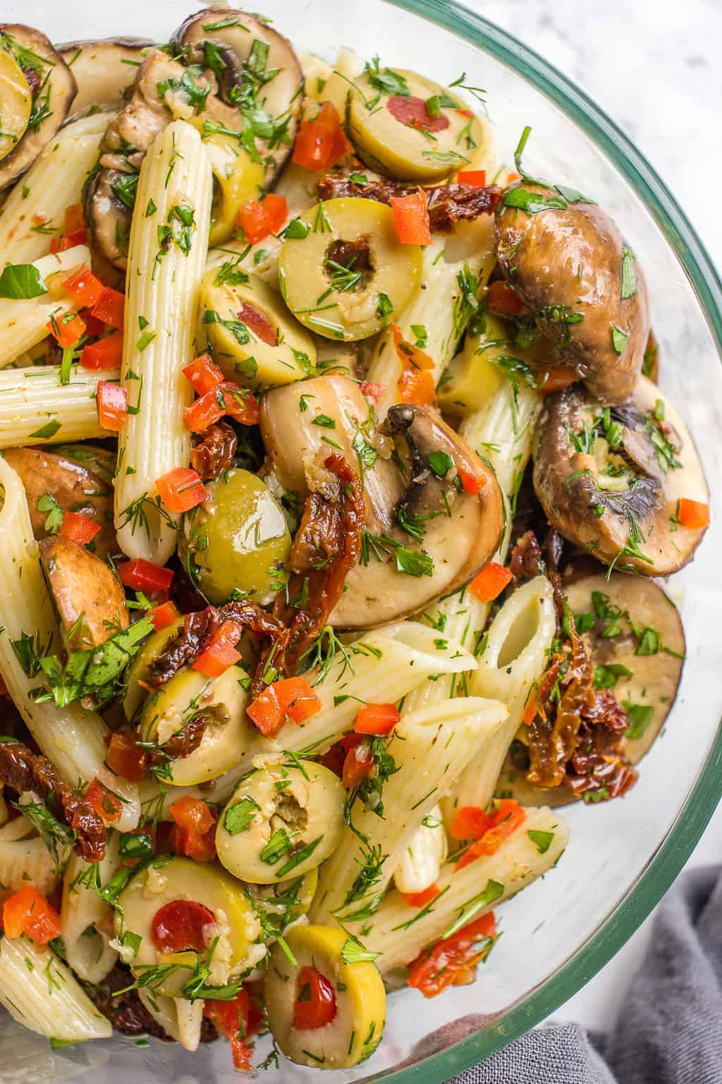 Marinated mushroom pasta salad in a bowl