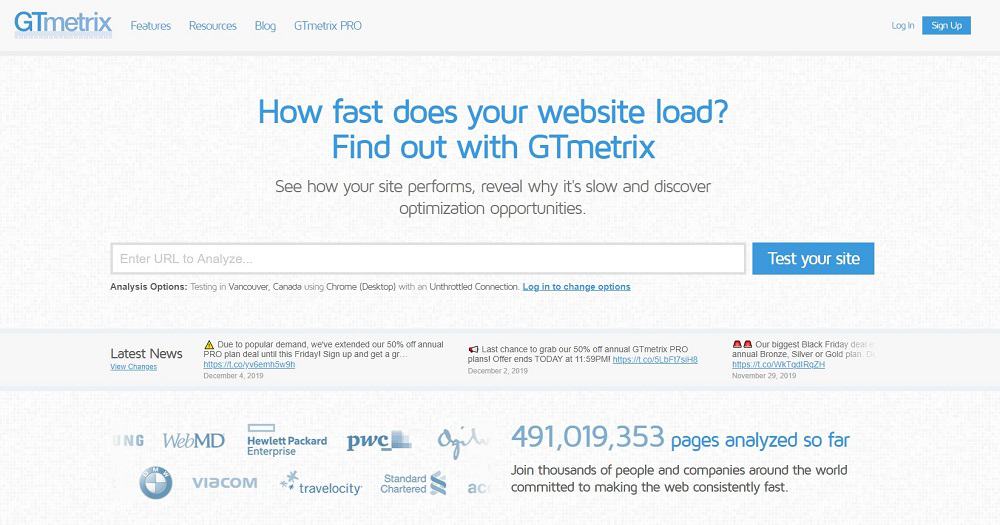 tester di velocità del sito web - gtmetrix