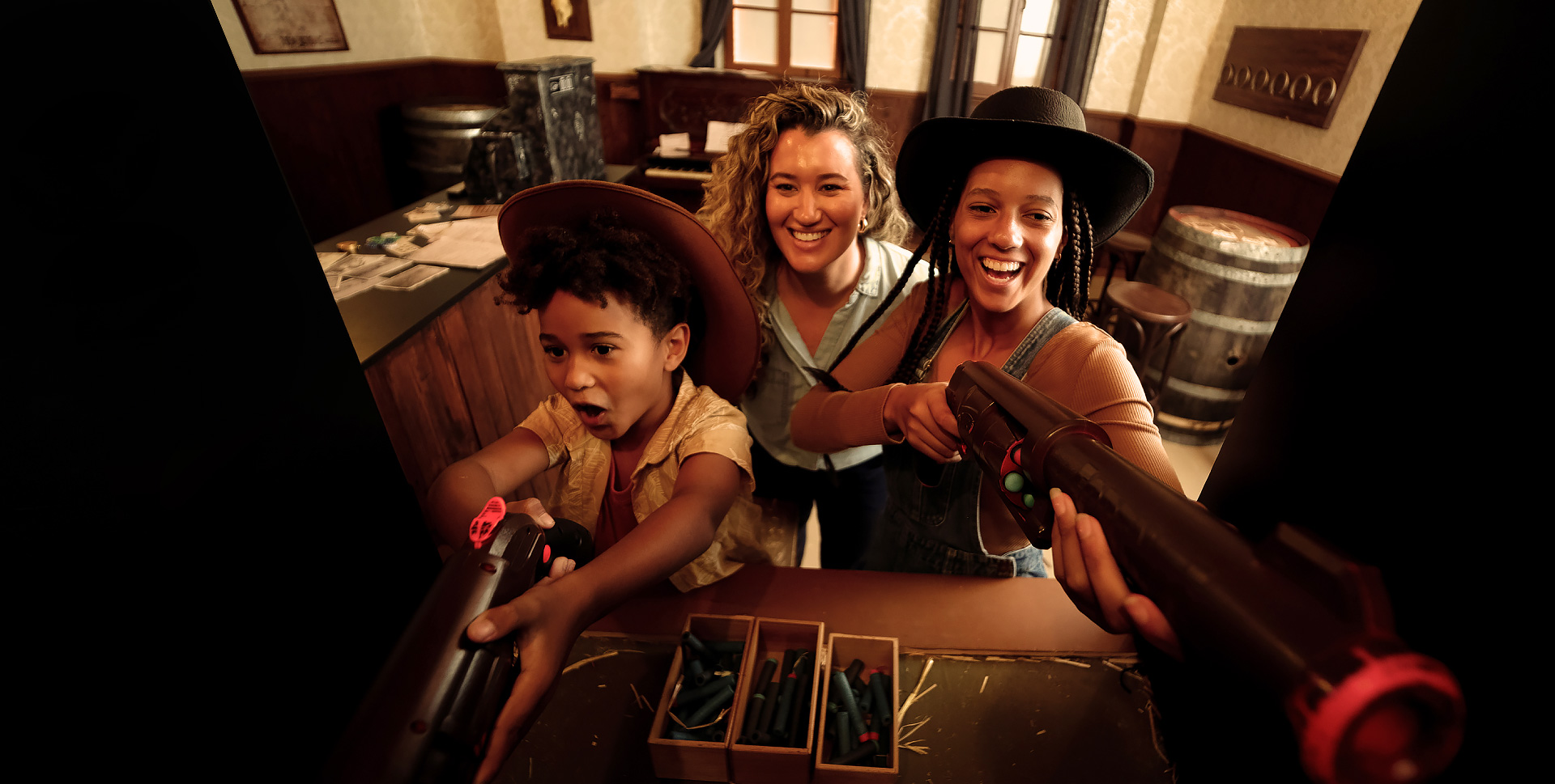 Players posing inside the Wild West escape room at Fox in a Box Adelaide