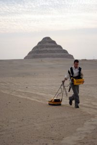 a gpr antenna is pulled along a grid pattern in the desert