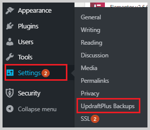 updraftplus backups in settings