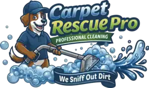 Carpet Rescue Pro logo with dog mascot cleaning carpet with bubbles.