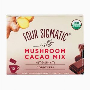Cardboard carton of Four Sigmatic mushroom cacao mix sachets