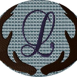Antlers with a knockdown stitch and an alphabet letter: L