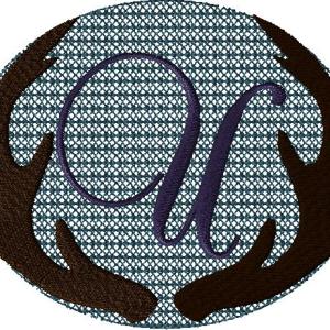 Antlers with a knockdown stitch and an alphabet letter: U