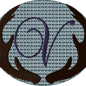 Antlers with a knockdown stitch and an alphabet letter: V