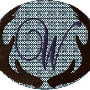 Antlers with a knockdown stitch and an alphabet letter: W
