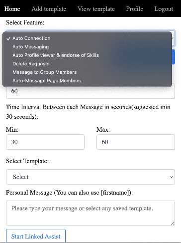 Screenshot of the Linked Assist LinkedIn automation tool user interface. The image highlights the feature selection options, showcasing its intuitive and user-friendly design. The interface is clean, with clearly labeled buttons and menus, demonstrating how simple and easy it is to use the tool for automating LinkedIn tasks.