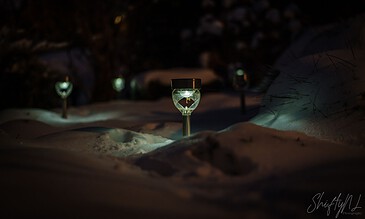 1. Solar garden lights illuminating snow-covered ground at night, creating a cozy winter ambiance.