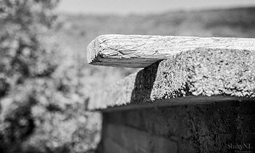 A weathered wooden beam resting on a rough concrete structure, captured in black and white with a blurred natural landscape background.