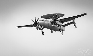 Vintage propeller aircraft flying in the sky, captured in black and white, showcasing aviation photography. Aero Commander aircraft in flight, black and white photo capturing vintage propeller plane with landing gear extended against a cloudy sky.
