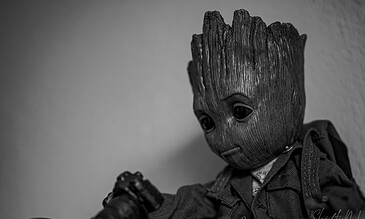 A whimsical Groot-inspired wooden figure holding a camera, emphasizing creative photography and unique character design.