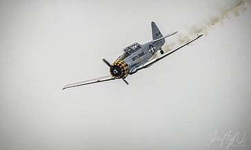 Historic WWII fighter plane performing an aerial stunt during an airshow, showcasing vintage aviation history. A flight of vintage WWII aircraft in a dogfight maneuver, with smoke trails against a cloudy sky.