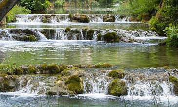 A tranquil river scene featuring multiple small waterfalls flowing over mossy rocks, framed by vibrant green trees and plants, showcasing the peacefulness of natural water landscapes. A lush, green river with cascading waterfalls surrounded by dense foliage and moss-covered rocks, capturing the serene beauty of nature.