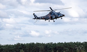 Military helicopter with snarling wolf artwork flying over a green forest under cloudy sky, showcasing aerial photography and aviation imagery.
