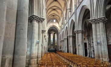 Elegant gothic cathedral interior featuring high vaulted ceilings, massive stone columns, and colorful stained glass windows, arranged with chairs for a special ceremony or event. Intricate stone columns and soaring gothic arches inside a historic cathedral, with rows of wooden chairs set up for an event, illuminated by natural light through stained glass windows.
