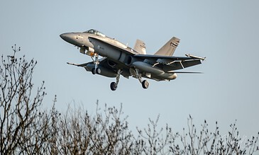 15 August 2022: FA18 fighter jet flying low over trees during a drill, showcasing aviation skills and military power, captured in detailed clarity against a clear sky.