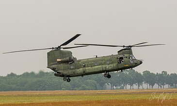 Royal Netherlands Air Force CH-47F Chinook D-106 in flight during the APROC 2018 personnel recovery exercise at Gilze-Rijen Air Base, the Netherlands, June 2018.