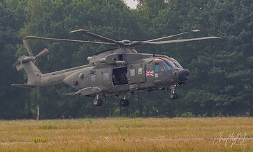 Royal Navy Merlin HC4 AC of 845 Naval Air Squadron coming in to land during the APROC 2018 personnel recovery exercise at Gilze-Rijen Air Base, the Netherlands, June 2018.