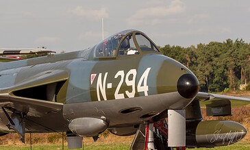 Classic beauty: Hawker Hunter N-294. Hawker Hunter N-294 of the Dutch Hawker Hunter Foundation in classic camouflage, close-up of the nose and cockpit at the Belgian Air Force Days, Kleine-Brogel Air Base, Belgium, September 2018.