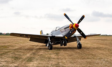 P-51 Mustang Trusty Rusty. North American P-51D Mustang Trusty Rusty parked on the grass at the Leaseweb Texel Airshow, Texel International Airport, the Netherlands, August 2018.