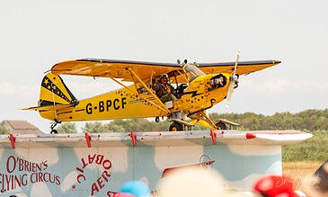 Truck-top landing, with a wave from the pilot! Piper Cub G-BPCF of O'Brien's Flying Circus after landing on top of a moving truck, pilot waving at the Leaseweb Texel Airshow, Texel International Airport, the Netherlands, August 2018.