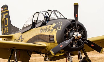 Flying Bulls T-28 Trojan up close. Close-up of the Flying Bulls North American T-28B Trojan with its radial engine at the Leaseweb Texel Airshow, Texel International Airport, the Netherlands, August 2018.