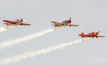 Yak-52 trio in formation. Three Yakovlev Yak-52 aircraft flying in formation with smoke at the Leaseweb Texel Airshow, Texel International Airport, the Netherlands, August 2018.