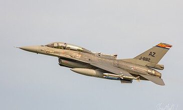 Royal Netherlands Air Force F-16B J-882 with Arizona markings on the tail, in flight during the Frisian Flag 2018 exercise at Leeuwarden Air Base, the Netherlands, April 2018.