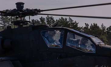Close-up of the tandem cockpit canopy of an AH-64D Apache of 301 Squadron "Redskins", Royal Netherlands Air Force on the ground at the Bergen (Osterheide) shooting range, Germany, March 2017.