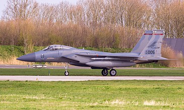F-15 Eagle taxiing with trees in the background during the Frisian Flag 2018 exercise at Leeuwarden Air Base, the Netherlands, April 2018.