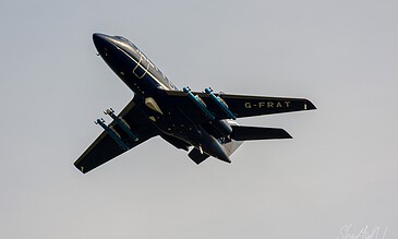 Black Dassault Falcon 20 G-FRAT in flight during the Frisian Flag 2018 exercise at Leeuwarden Air Base, the Netherlands, April 2018.