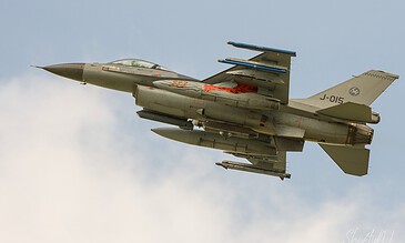 Royal Netherlands Air Force F-16AM J-015 of 312 Squadron, Volkel, the former "Orange Lion" demo F-16, in flight during the Frisian Flag 2018 exercise at Leeuwarden Air Base, the Netherlands, April 2018.