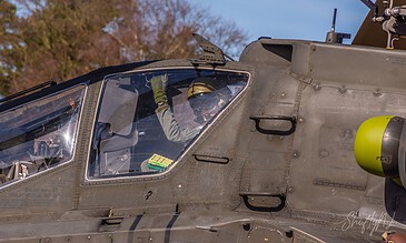 Front cockpit of an AH-64D Apache of 301 Squadron "Redskins", Royal Netherlands Air Force with autumn-coloured trees behind at the Bergen (Osterheide) shooting range, Germany, March 2017.