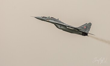 Polish Air Force MiG-29 Fulcrum climbing out after take-off during the Frisian Flag 2018 exercise at Leeuwarden Air Base, the Netherlands, April 2018.