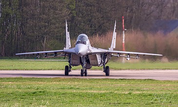 Polish Air Force MiG-29 Fulcrum taxiing head-on towards the camera during the Frisian Flag 2018 exercise at Leeuwarden Air Base, the Netherlands, April 2018.