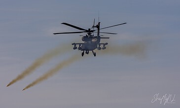 AH-64D Apache of 301 Squadron "Redskins", Royal Netherlands Air Force, hovering head-on low over the range at the Bergen (Osterheide) shooting range, Germany, March 2017.