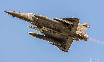 Underside of a French Air Force Mirage 2000D in flight during the Frisian Flag 2018 exercise at Leeuwarden Air Base, the Netherlands, April 2018.