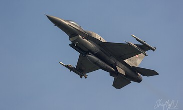 Polish Air Force F-16 Fighting Falcon climbing against a blue sky during the Frisian Flag 2018 exercise at Leeuwarden Air Base, the Netherlands, April 2018.