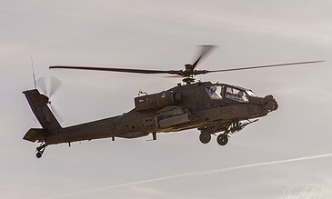 Close side view of an AH-64D Apache of 301 Squadron "Redskins", Royal Netherlands Air Force parked on the ground at the Bergen (Osterheide) shooting range, Germany, March 2017.