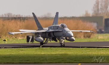 Spanish Air Force F/A-18 Hornet taxiing head-on towards the camera during the Frisian Flag 2018 exercise at Leeuwarden Air Base, the Netherlands, April 2018.
