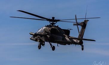 Close-up of an AH-64D Apache of 301 Squadron "Redskins", Royal Netherlands Air Force in flight showing weapon pylons at the Bergen (Osterheide) shooting range, Germany, March 2017.